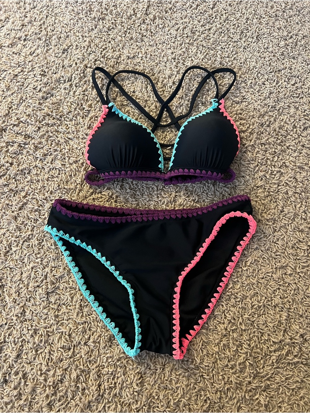 New Arizona Jean Co. Women’s Size Small Black Bikini Set Crochet Trim